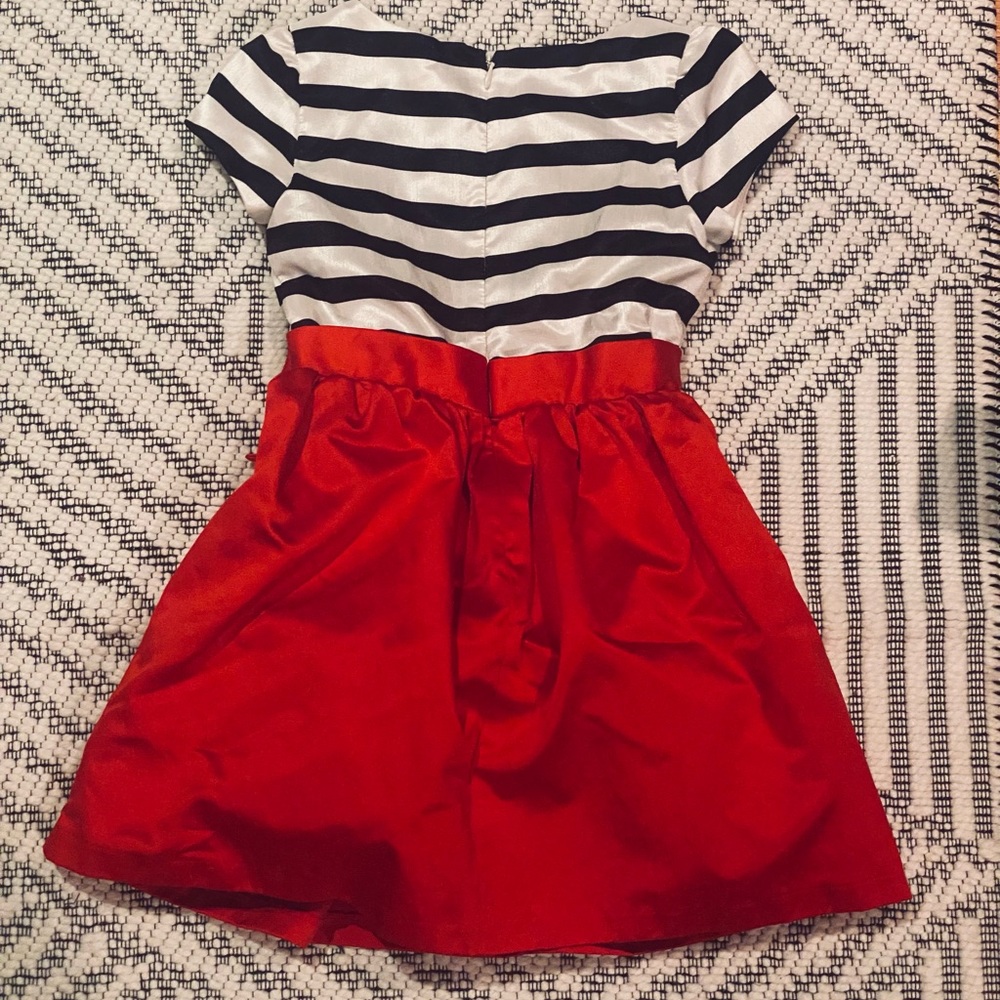 Christmas Holiday Short Sleeve Satin Black White Striped Olivia Dress w Red Bow - Picture 5 of 8